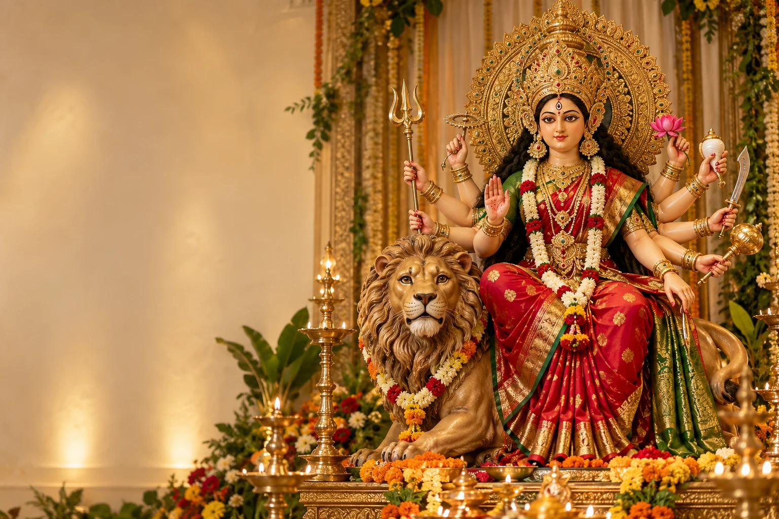 Photorealistic depiction of a Maa Durga idol in a red silk sari beside her lion, with marigold garlands and glowing brass lamps